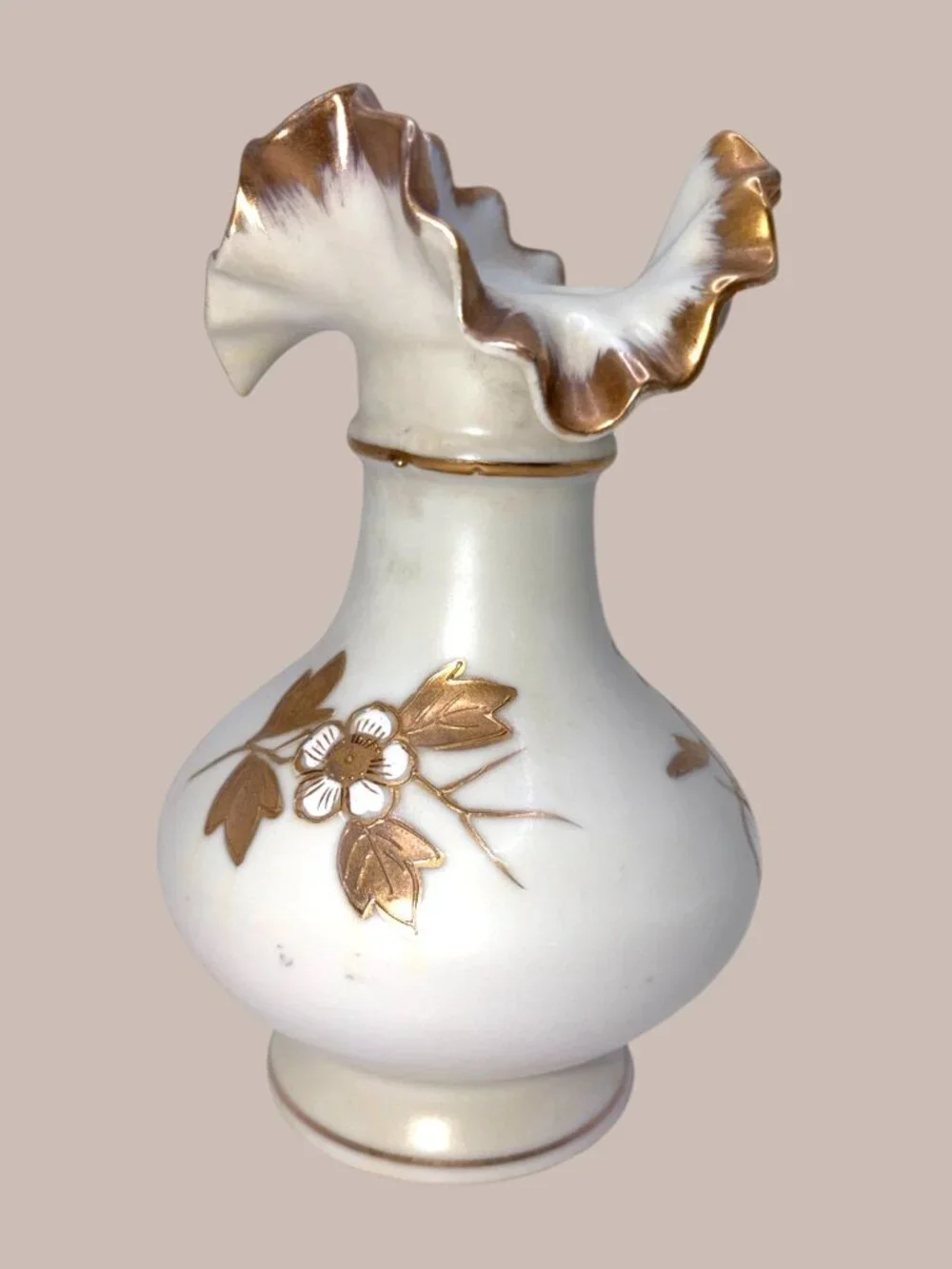 Vintage Arnart Japan Hand Painted White Porcelain Ruffled Gold Floral Vase 7”
